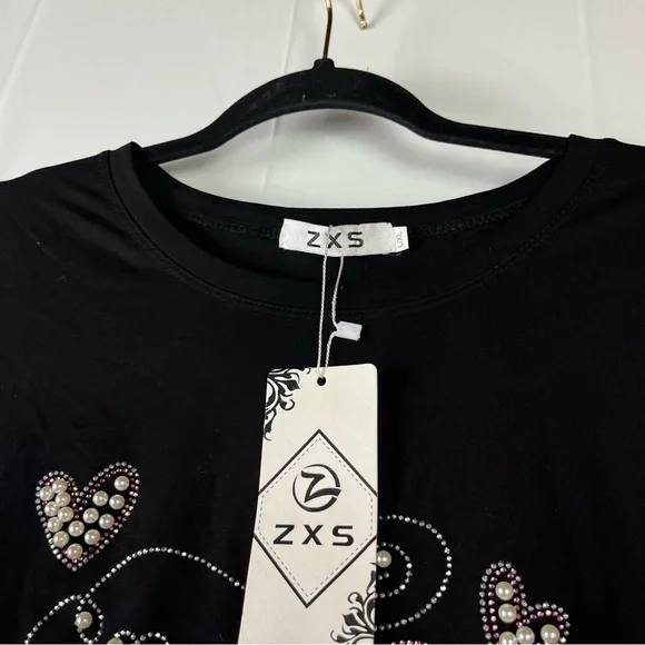 Women's Rhinestone Fitted short sleeve stretch black blouse size large - Picture 6 of 11